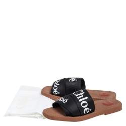 Pre Owned Chloe Black Logo Tape Woody Effect Slides Size 37