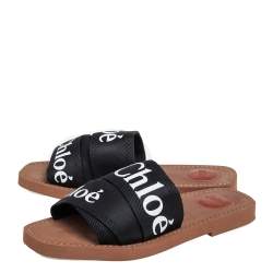 Pre Owned Chloe Black Logo Tape Woody Effect Slides Size 37
