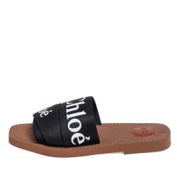 Pre Owned Chloe Black Logo Tape Woody Effect Slides Size 37