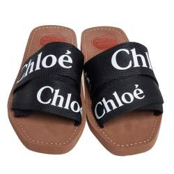 Pre Owned Chloe Black Logo Tape Woody Effect Slides Size 37