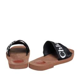 Pre Owned Chloe Black Logo Tape Woody Effect Slides Size 37