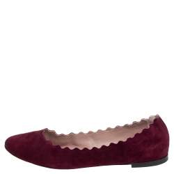 Pre Owned Chloé Dark Burgundy Suede Lauren Scalloped Ballet Flats Size 40
