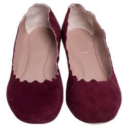Pre Owned Chloé Dark Burgundy Suede Lauren Scalloped Ballet Flats Size 40