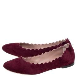Pre Owned Chloé Dark Burgundy Suede Lauren Scalloped Ballet Flats Size 40