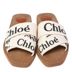 مملوكة مسبقًا حذاء سلايد كلوي وودي فلات كانفاس بيج بالشعار مقاس 38