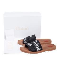 Pre Owned Chloé Black Canvas 'Woody' Logo Strap Slide Flat Sandals Size 39