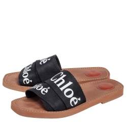 Pre Owned Chloé Black Canvas 'Woody' Logo Strap Slide Flat Sandals Size 39