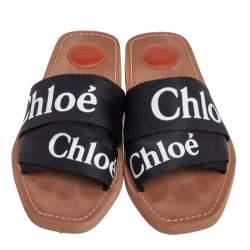 Pre Owned Chloé Black Canvas 'Woody' Logo Strap Slide Flat Sandals Size 39