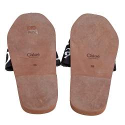 Pre Owned Chloé Black Canvas 'Woody' Logo Strap Slide Flat Sandals Size 39