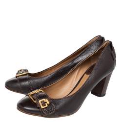 Pre Owned Chloe Brown Leather Buckle Detail Block Heel Pumps Size 38