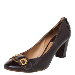 Pre Owned Chloe Brown Leather Buckle Detail Block Heel Pumps Size 38