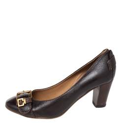 Pre Owned Chloe Brown Leather Buckle Detail Block Heel Pumps Size 38