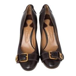 Pre Owned Chloe Brown Leather Buckle Detail Block Heel Pumps Size 38