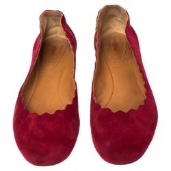 Pre Owned Chloe Red Suede Lauren Scalloped Ballet Flats Size 39.5
