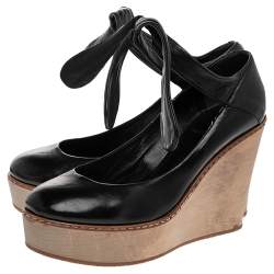 Chloe Black Leather Wedge Platform Ankle Wrap Sandals Size 37