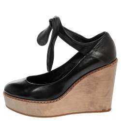 Chloe Black Leather Wedge Platform Ankle Wrap Sandals Size 37