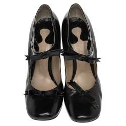 Pre Owned Chloe Black Leather Mary Jane Bow Block Heel Pumps Size 38.5