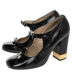 Pre Owned Chloe Black Leather Mary Jane Bow Block Heel Pumps Size 38.5