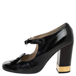 Pre Owned Chloe Black Leather Mary Jane Bow Block Heel Pumps Size 38.5