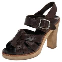 Chloe Brown Leather Open Toe Platform Ankle Strap Sandals Size 38