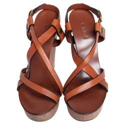 Pre Owned Chloe Brown Leather Ankle Strap  Wedge Platform Sandals Size 36
