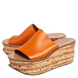 Chloe Tan Leather Cork Platform Slide Sandals Size 38