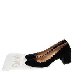 Pre Owned Chloe Black Suede Lauren Scallop Trim Block Heel Pumps Size 38
