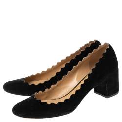 Pre Owned Chloe Black Suede Lauren Scallop Trim Block Heel Pumps Size 38