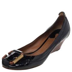 Pre Owned Chloe Black Patent Leather Wedge Pumps Size 36