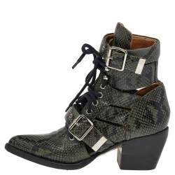 Pre Owned Chloe Green Python Embossed Leather Rylee Ankle Length  Boots Size 36