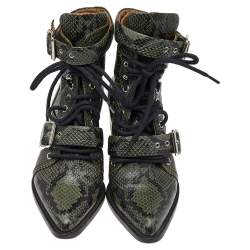 Pre Owned Chloe Green Python Embossed Leather Rylee Ankle Length  Boots Size 36
