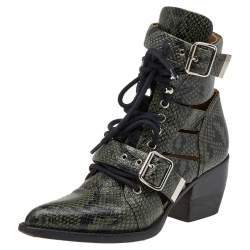 Pre Owned Chloe Green Python Embossed Leather Rylee Ankle Length  Boots Size 36