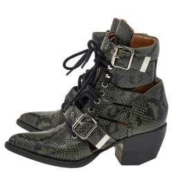 Pre Owned Chloe Green Python Embossed Leather Rylee Ankle Length  Boots Size 36