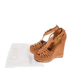 مملوكة مسبقًا Chloe Tan Leather Double C Buckle T Strap Cork Wedge Platform Sandals Size 37