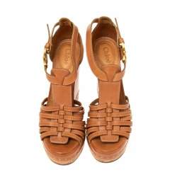 مملوكة مسبقًا Chloe Tan Leather Double C Buckle T Strap Cork Wedge Platform Sandals Size 37