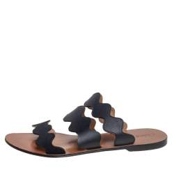 Pre Owned Chloe Black Leather and Suede Scalloped Slide Flats Size 39