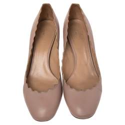  Chloe  Beige Leather Lauren Scallop Trim Block Heel Pumps Size 40.5