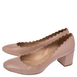  Chloe  Beige Leather Lauren Scallop Trim Block Heel Pumps Size 40.5