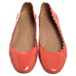 Pre Owned Chloe Coral Pink Patent Leather Lauren Scalloped Ballet Flats Size 38