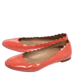 Pre Owned Chloe Coral Pink Patent Leather Lauren Scalloped Ballet Flats Size 38