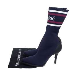 Pre Owned Chloe Blue Knit Fabric Logo Sock Boots Size 38