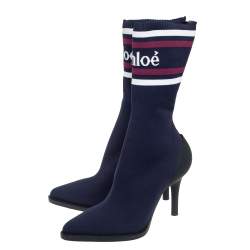 Pre Owned Chloe Blue Knit Fabric Logo Sock Boots Size 38