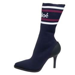 Pre Owned Chloe Blue Knit Fabric Logo Sock Boots Size 38