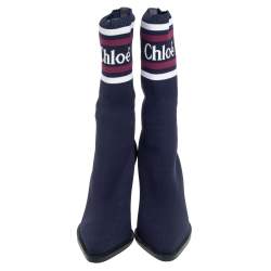 Pre Owned Chloe Blue Knit Fabric Logo Sock Boots Size 38