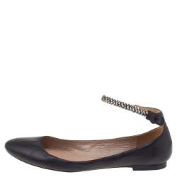 Pre Owned Chloe Black Leather Crystal Embellished Ankle Cuff Ballet Flats Size 37