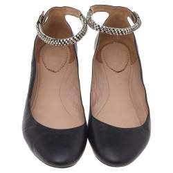 Pre Owned Chloe Black Leather Crystal Embellished Ankle Cuff Ballet Flats Size 37