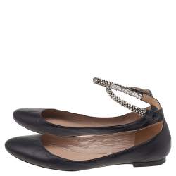 Pre Owned Chloe Black Leather Crystal Embellished Ankle Cuff Ballet Flats Size 37