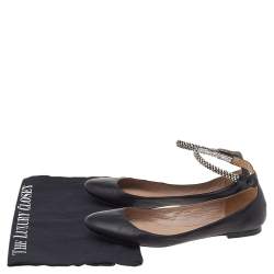 Pre Owned Chloe Black Leather Crystal Embellished Ankle Cuff Ballet Flats Size 37