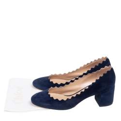 Pre Owned Chloe Blue Suede Lauren Scallop Trim Block Heel Pumps Size 35.5
