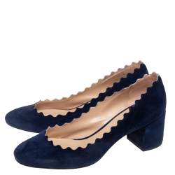 Pre Owned Chloe Blue Suede Lauren Scallop Trim Block Heel Pumps Size 35.5